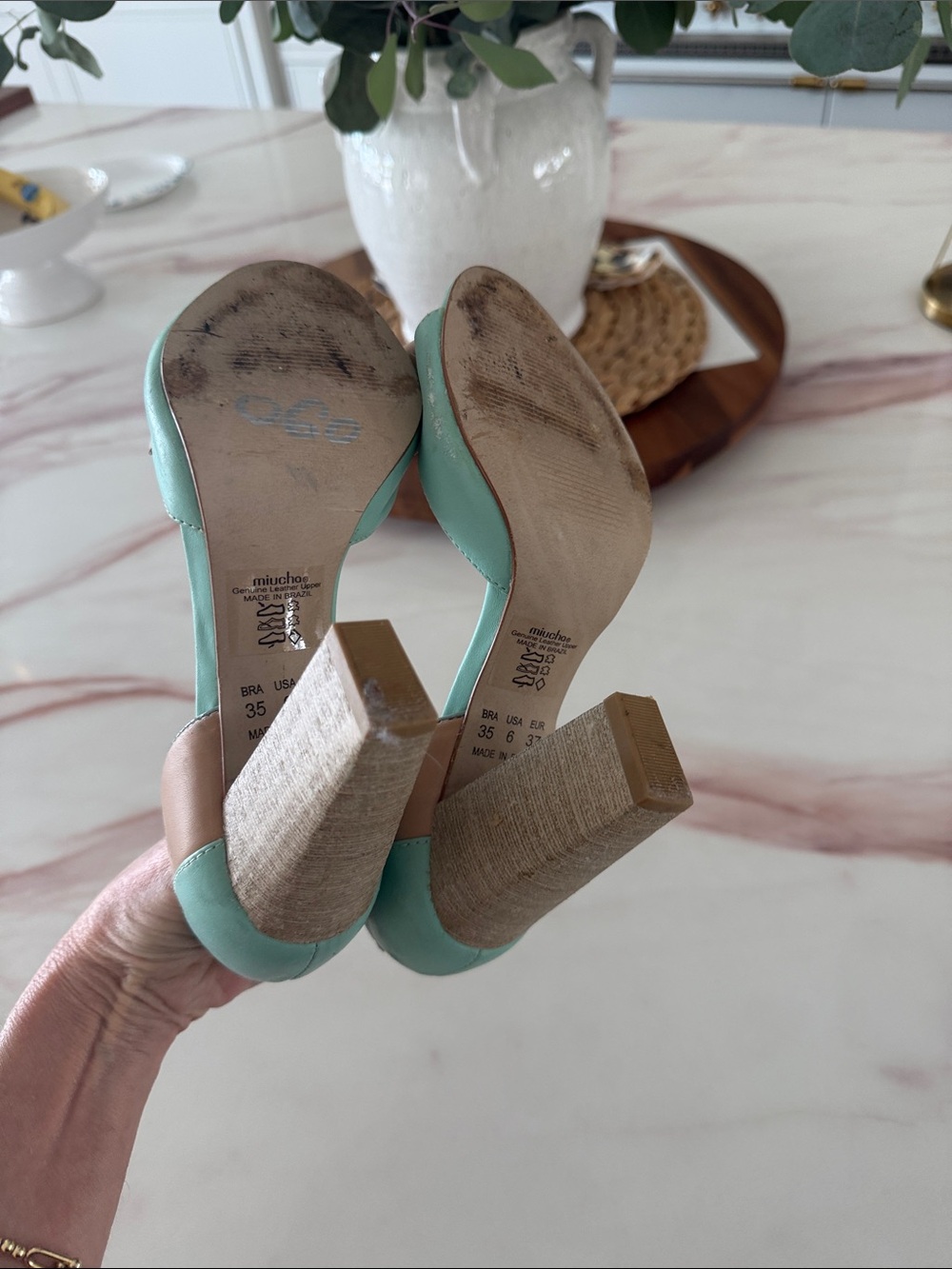 Miucha Mint Green & Peach Peep-Toe Block Heel Pumps - Picture 5 of 5